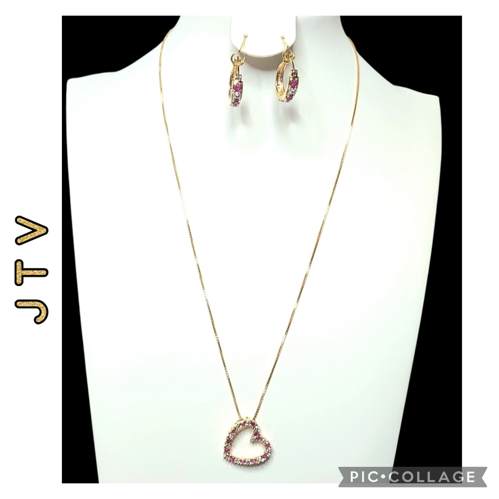 Ruby-Diamond necklace heart &  circle earrings 18k gold red & clear stones nwt - Picture 2 of 13